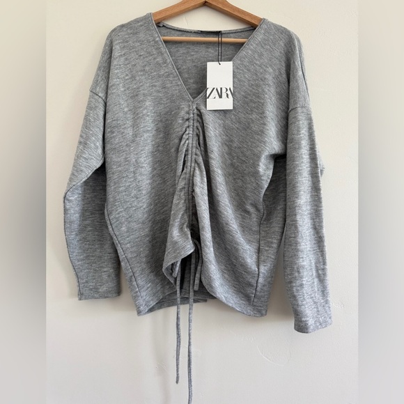 NTW Zara ruched front soft sweater Gray Knit blouse long sleeve size S
